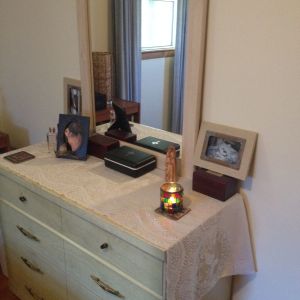 The shrine to Bunny, Fluffy, and Buster on top of my dresser.